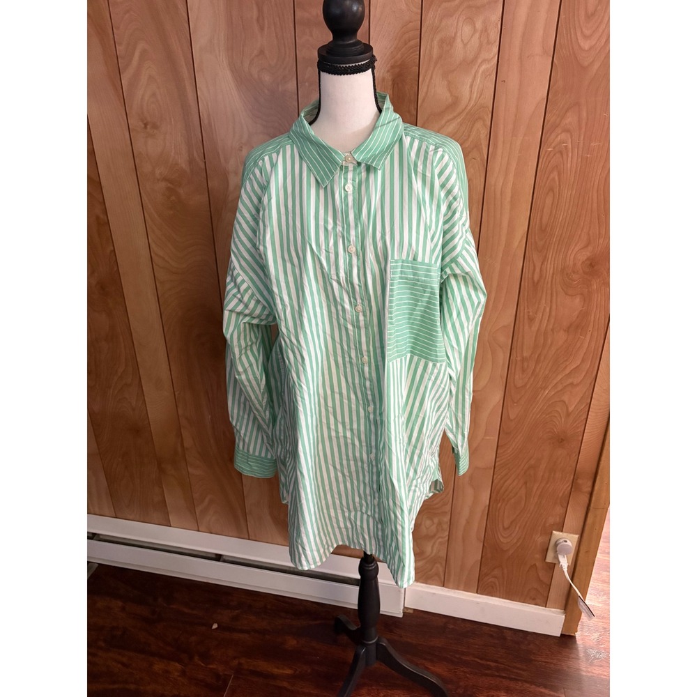 LOFT Womens XXL Green White Striped Cotton Button Down Shirt Oversized